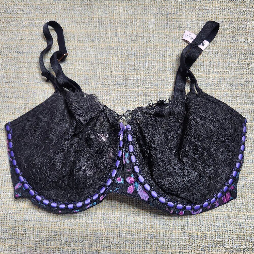 Victorias Secret 34DDD Black Purple Lace Floral Bra Wired Sheer Push Up Angels
